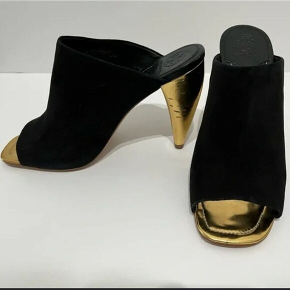 TORY BURCH BLACK SUEDE MULE WITH GOLD TAPERED HEELS - Picture 1 of 9